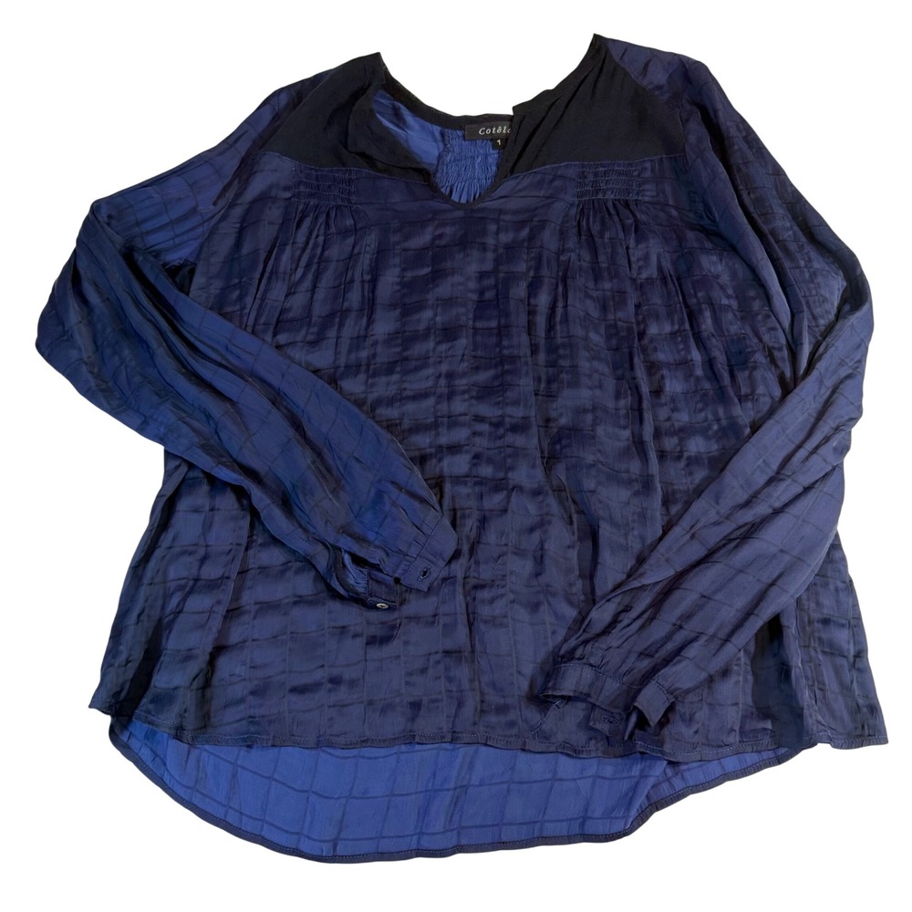 Cotelac Polyester Blouse US 6 Blue Smocked Plaid Split Neck High Low
